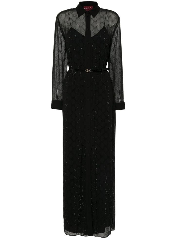 black silk semi-sheer construction crystal embellishment GG monogram spread collar long sleeves buttoned cuffs straight hem internal slip dress front button fastening Gucci Black Dress, Gucci Dresses, Gucci Dress, Fantasy Wardrobe, Silk Shirt Dress, Gg Monogram, Planet People, Silk Dress Long, Sustainable Future