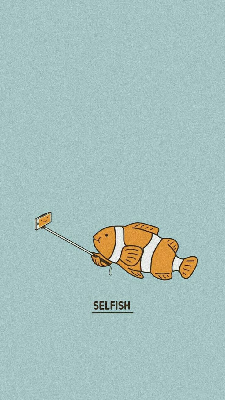 an orange and white clown fish floating on top of water with the words selfish above it