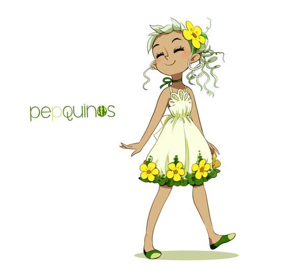 a girl in a dress with flowers on her head and the words pequins