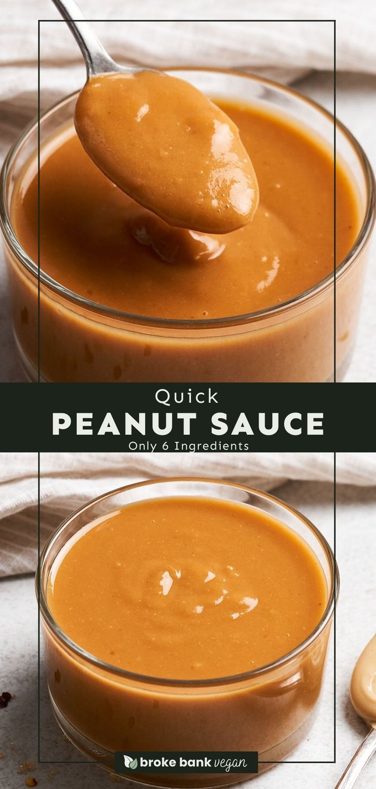 peanut sauce is being spooned into a glass bowl with the words, quick and easy