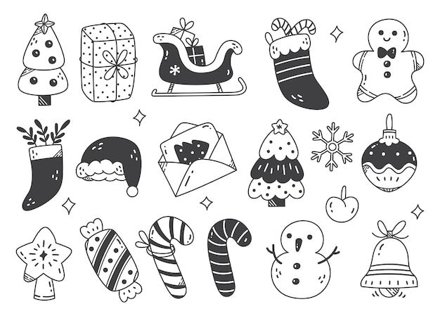 black and white christmas doodles with santa hats, stockings, mittens, snowmen