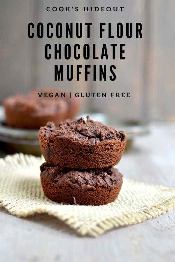 two chocolate muffins stacked on top of each other with text overlay reading cook's hideout coconut flour chocolate muffins