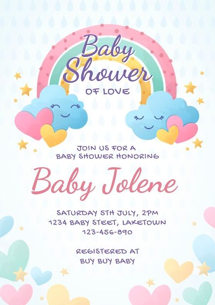 a baby shower is shown with hearts and rainbows in the background, as well as stars