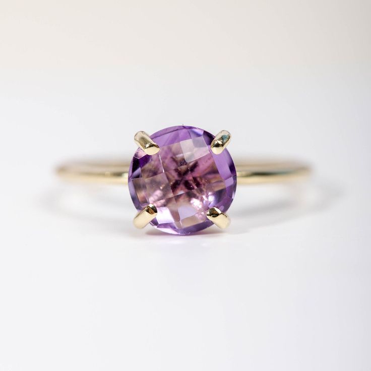 Purple Amethyst Ring 14K Gold for Women 8mm - February Birthstone Birthday Gift - Natural Gemstone Minimalist Ring ● Metal: 14K solid gold, 14K white gold or 14K rose gold ● Gemstone: Purple Amethyst, briolette cut ● Stone Diameter: 8 mm (0.3 in) ● Choose from the drop down menus the available options (Material, Ring size) and leave us a note for any special requirements. ● All our pieces are delivered beautifully packaged and gift ready, with a certificate of authenticity for the metal and the Classic Amethyst Ring With Round Cut, Timeless Round Purple Jewelry, Timeless Purple Round Jewelry, Yellow Gold Amethyst Solitaire Jewelry, Yellow Gold Amethyst Birthstone Ring, Modern Amethyst Round Rings, Modern Amethyst Rings, Fine Jewelry Amethyst Round Stone Rings, Classic Round Amethyst Birthstone Ring