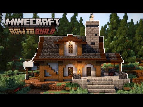 a minecraft house in the middle of a forest with trees and bushes around it