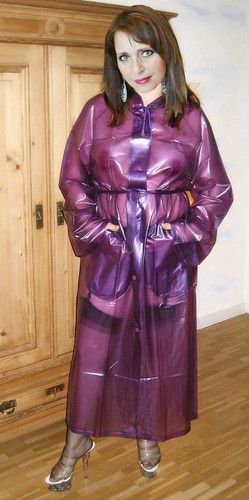 Purple Rain Coat, Plastic Outfit, Transparent Raincoat, Rain Fashion, Blouse Nylon, Plastic Mac, Rainwear Girl, Rubber Raincoats, Rainwear Fashion