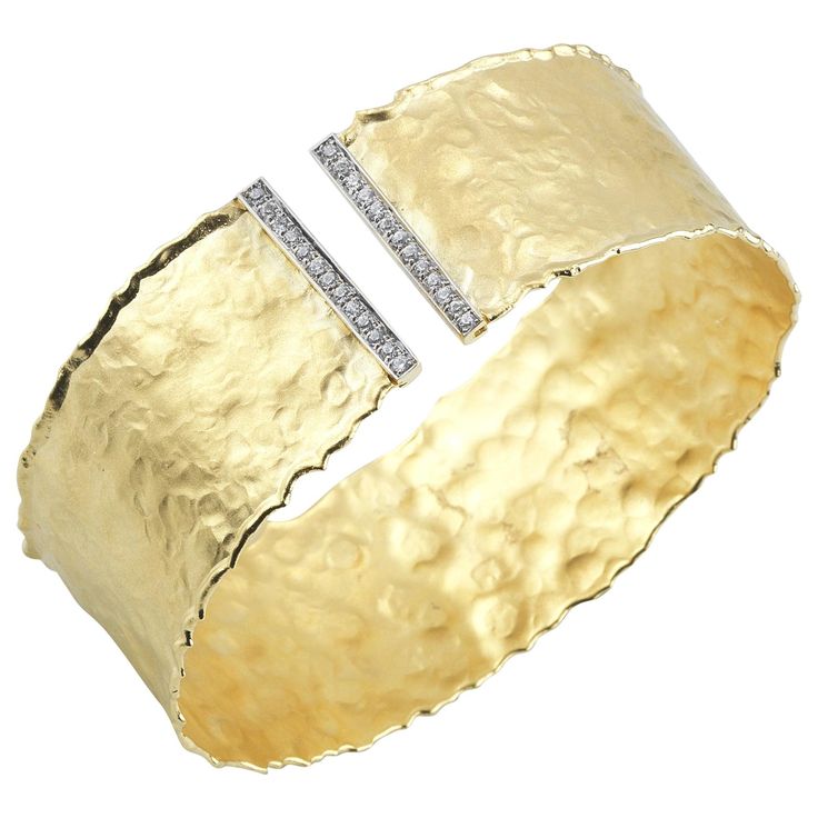 14 Karat Yellow Gold Hand-Crafted Matte And Hammered Finish Scallop-Edged Cuff Bracelet, Enhanced With 0.31 Carat Of Pave Set Diamond Bars. Ancient Bracelet, Yellow Gold Cuff Bracelet, Hammered Cuff Bracelet, Diamond Cuff Bracelet, Slap Bracelets, Gold Bracelet Cuff, Diamond Bar, Gold Cuffs, Gold Hands