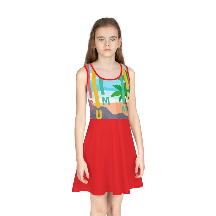 Made for those easy-going summer days, this sleeveless sundress is the perfect way to celebrate fine weather. Its chic style with the A-line cut, mid-length, round neckline keeps it breathable while the eight different sizes enable girls from the age of 2 and above to look their absolute cutest. Made with 95% polyester and 5% spandex for silky comfort.  .: Material: 95% polyester, 5% spandex .: Medium fabric (6.5 oz/yd² (220 g/m .: Mid-length .: A-line cut .: Seam thread color automatically matched to design (black or white) Playful Sleeveless Dress For Spring Vacation, Playful Sleeveless Mini Dress For Vacation, Playful Sleeveless Mini Dress For Spring, Playful Mini Dress For Summer, Playful Multicolor Sleeveless Summer Dress, Red Summer Mini Dress For Beach Season, Red Mini Dress For Summer Beach, Red Summer Beach Mini Dress, Casual Red Mini Length Sleeveless Dress