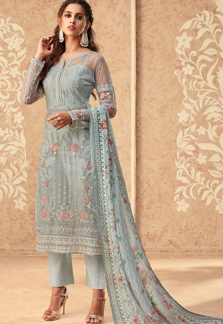 Buy Indian Wedding Lehenga blue net embroidered straight trouser suit 36006 online in USA, UK and Canada from KollyBollyEthnics.com Pakistani Suit With Pants, Anarkali Lehenga Gowns, Celana Fashion, Indian Wedding Lehenga, Anarkali Lehenga, Palazzo Suit, Pakistani Salwar Kameez, Indian Clothing, Pant Suit