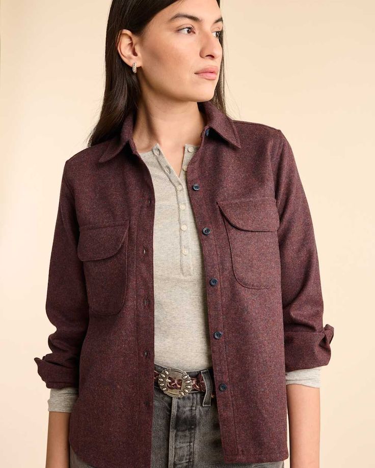 A customer favorite, the Pendleton's Women's Board Shirt has a tapered fit, traditional collar, matched flap pockets and shirttail hem. Made with machine-washable Umatilla wool woven in Pacific Northwest mills. 100% pure virgin wool. Fabric woven in our American mills. Imported of USA fabric. Classic Button-up Flannel Shirt For Fall, Unstructured Camp Collar Top For Fall, Collared Wool Top With Buttons, Fall Shirt With Lapel Collar, Workwear Flannel Shirt With Spread Collar And Placket, Workwear Flannel Shirt With Spread Collar, Shirt With Lapel Collar And Placket For Fall, Wool Tops With Welt Pockets For Workwear, Classic Wool Button-up Tops