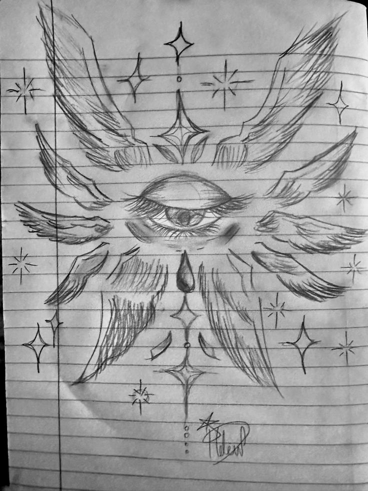 a drawing of an eye with wings and stars on the forehead is shown in pencil