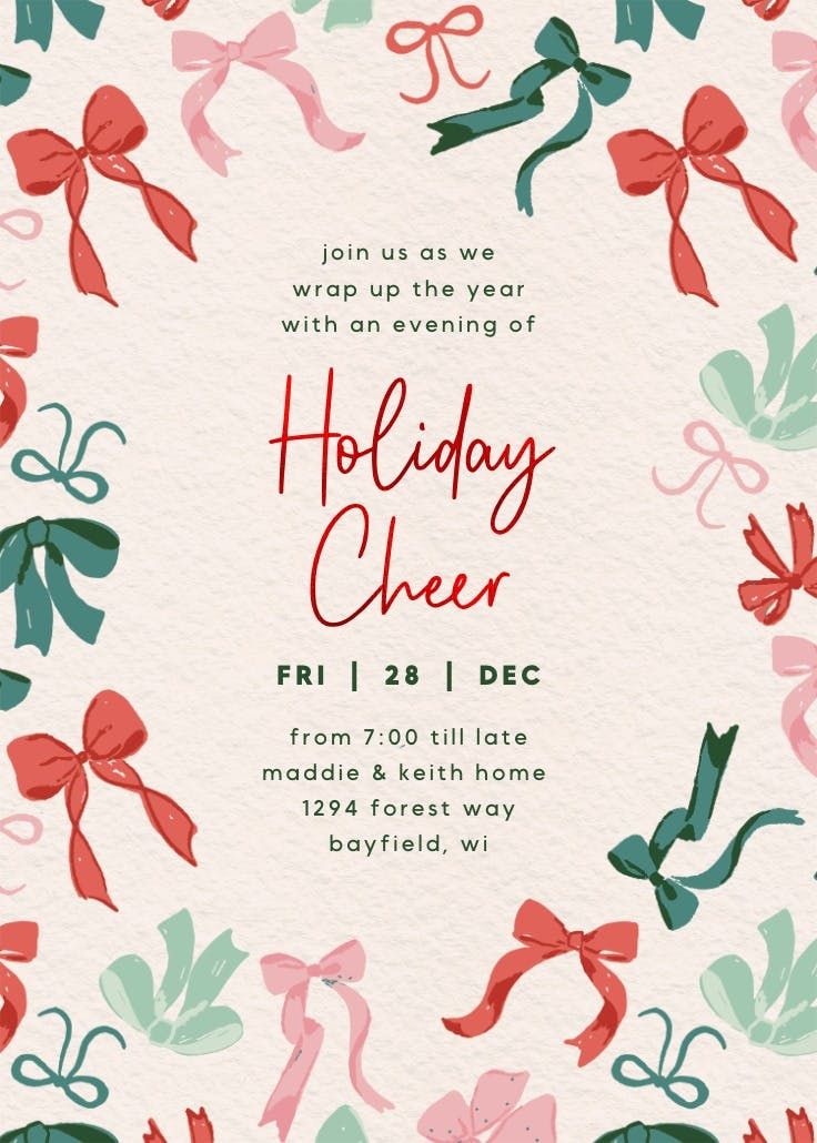 the holiday cheer flyer is shown with bows and ribbons on it, as well as text