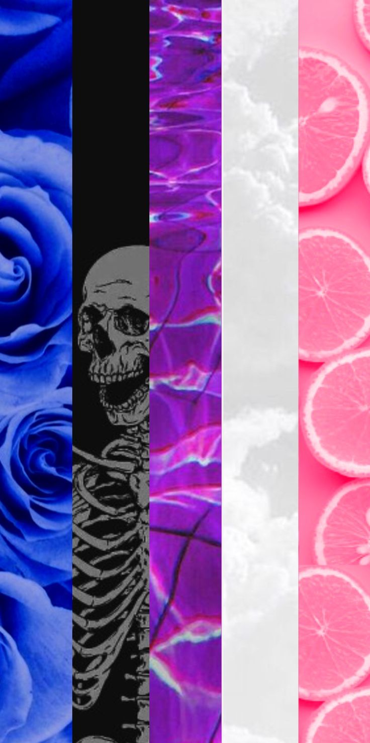 four different colored images with skulls and roses