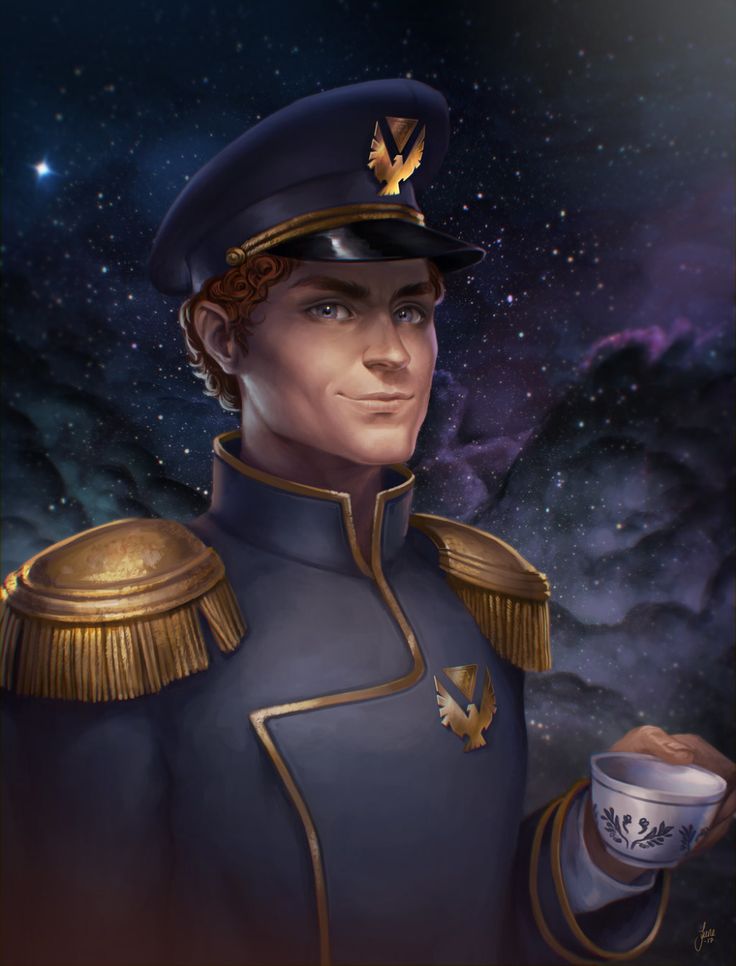 a painting of a man in uniform holding a coffee cup and looking at the sky