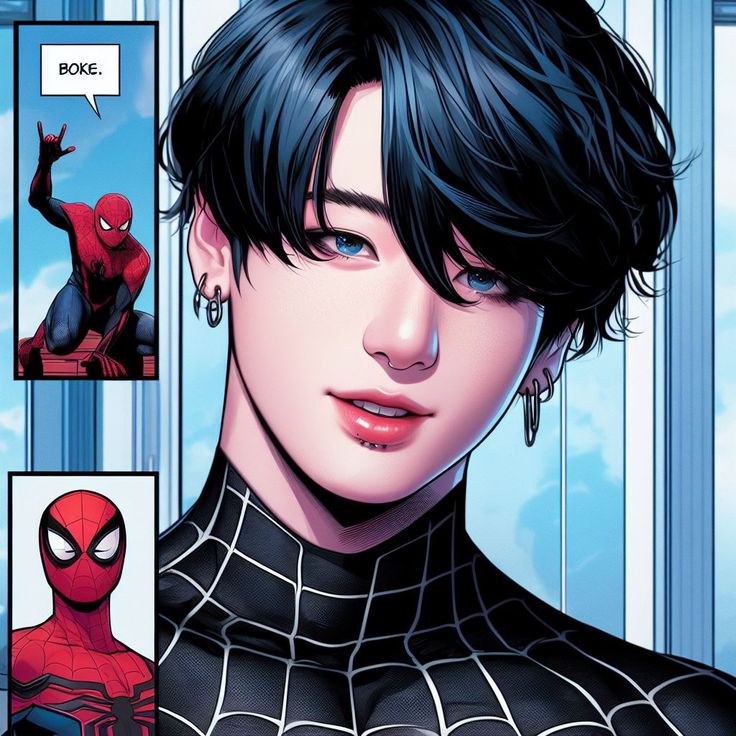 the spider - man is looking at his own face in this comic book, and he has