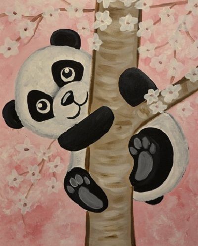 a painting of a panda bear climbing a tree