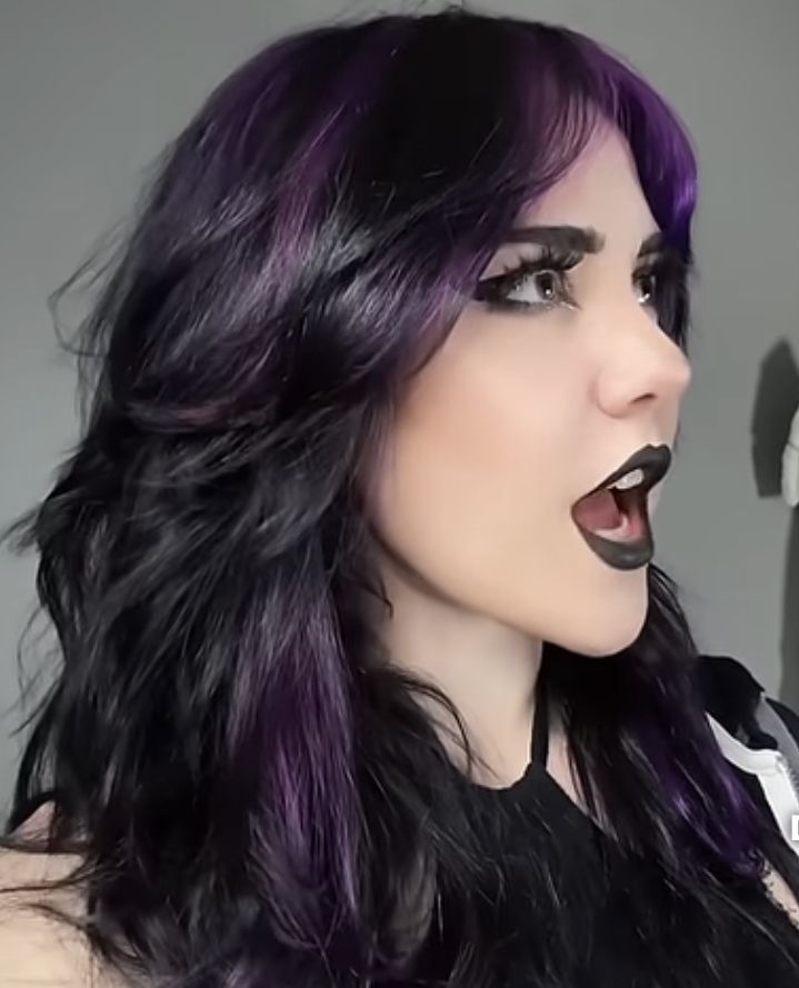 Short Black Hair Purple Highlights, Gothic Haircut Long, Black Hair With Dark Purple Underneath, Black Hair Violet Highlights, Purple Black Blonde Hair, Purple Hair Layers, Frankie Stein Hairstyle, Purple On Top Black On Bottom Hair, Dyed Bangs Purple