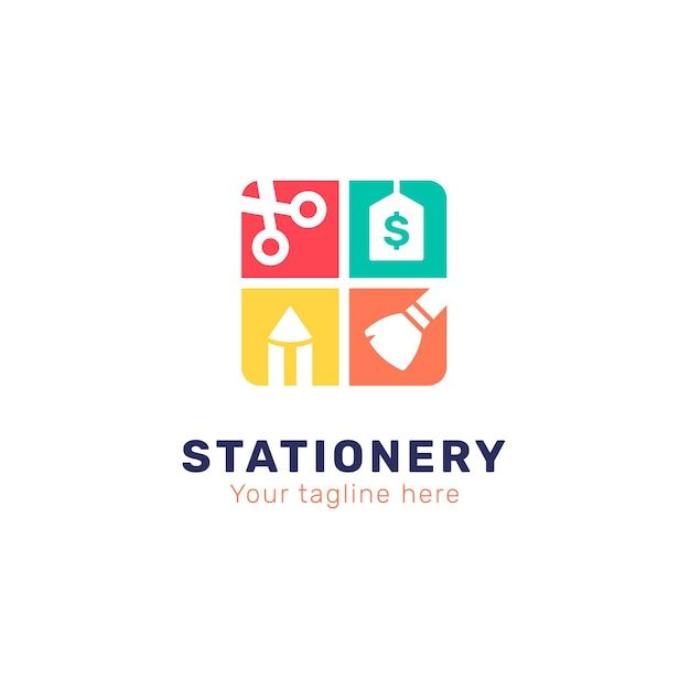 the stationery logo is designed with colorful squares and symbols, as well as scissors