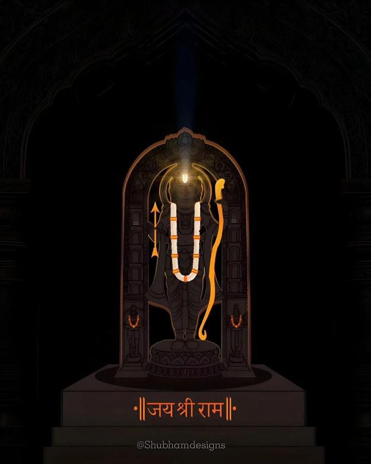 an illuminated statue of lord ganesh in the middle of a dark room with stairs leading up to it