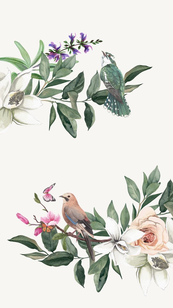 two birds sitting on top of flowers and leaves