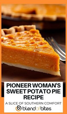 a piece of southern comforter pie on a plate with the title, pioneers woman's sweet potato pie recipe