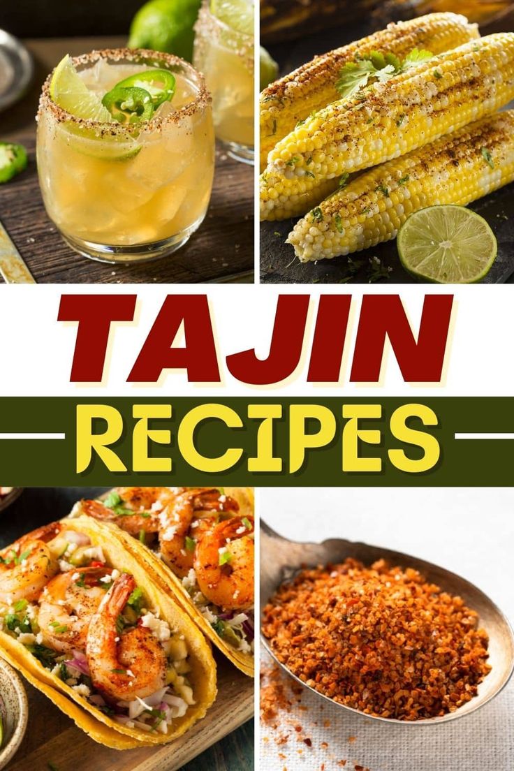 the cover of tajun recipes with pictures of different foods and drinks in it, including corn on the cob