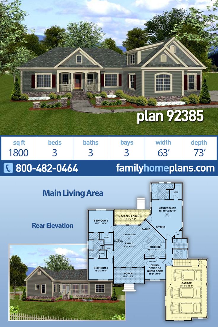 two story house plan with 3 bedroom and 2 bathrooms in the front, three car garage on