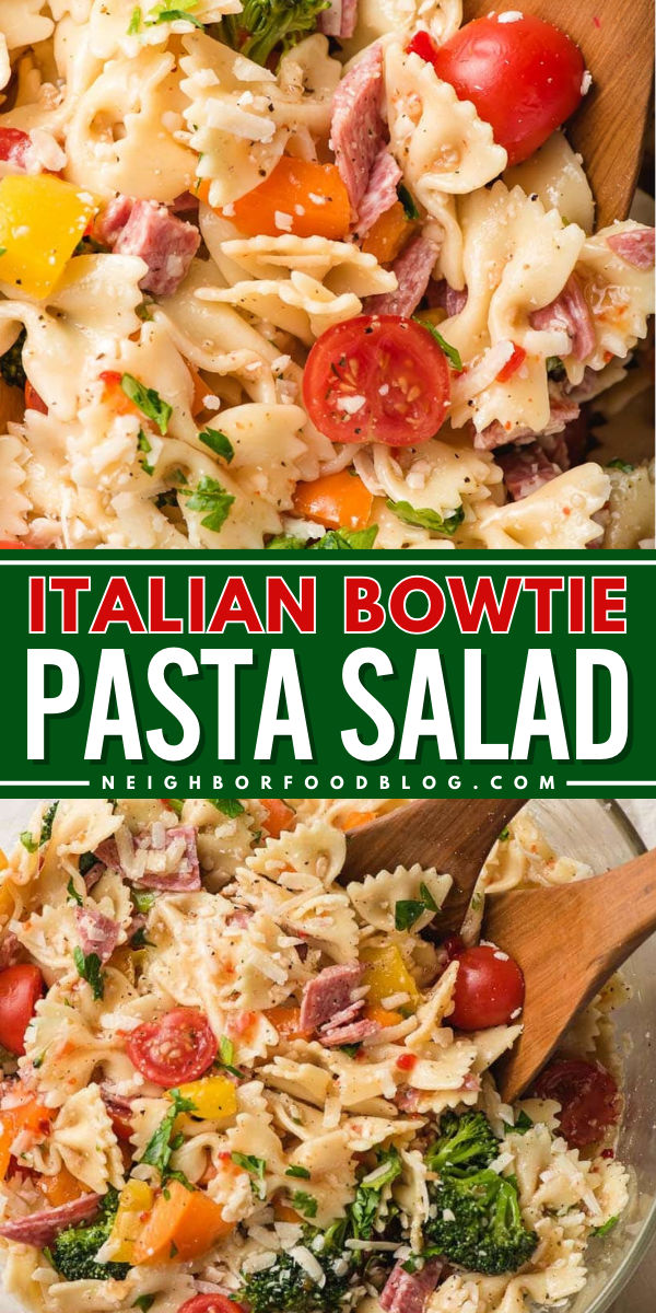 Whip up this Italian Bowtie Pasta Salad! It's an easy spring side dish or a light dinner. Tossed in an Italian dressing with veggies, salami, and more, this cold pasta salad is delicious! Variations on this spring salad recipe included! Bowties Pasta Recipes, Rainbow Pasta Salad Recipe, Bowtie Pasta Recipes Salad, Cold Pasta Salad Recipes With Italian Dressing, Bowtie Pasta Salad Recipes, Italian Pasta Salad Recipes Cold, Italian Bowtie Pasta, Pasta Salad Recipes With Italian Dressing, Pasta Salads Cold