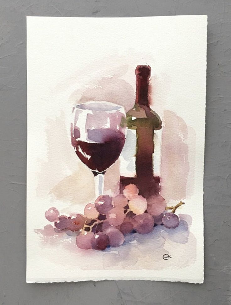 a watercolor painting of a glass and bottle of wine with grapes on the side