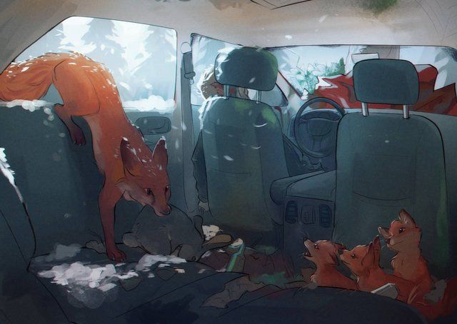 two foxes are sitting in the back seat of a car and one is looking out the window