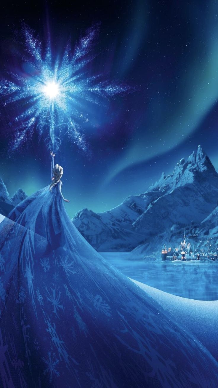 the frozen princess movie poster with snow and stars in the sky, as if it were from disney's animated film