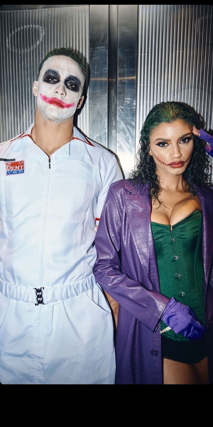 two people in costumes standing next to each other with one person dressed as the joker