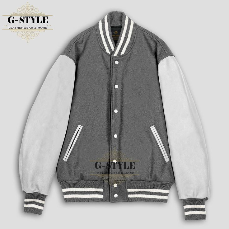 This is Grey & White Varsity Jacket is made of High Quality Wool and Cowhide Leather Sleeves. The Front of this Jacket is Snaps Closure. Collar and Cuffs of the Jacket are Rib Knitted.  It has Four Pockets (Genuine Leather trim is used on the Pockets).  Polyester Quilted Lining is used inside to make you feel warm and comfortable. NOTE: ● Please look at the product images and carefully select your required size. ● Product color may vary due to photographic lighting sources or your monitor settin Grey Varsity Jacket Outfit, Fitted Long Sleeve Varsity Jacket For Winter, Fitted Varsity Jacket With Pockets For Winter, Gray Long Sleeve Varsity Outerwear, Gray Long Sleeve Outerwear For College, Fitted Long Sleeve Sport Coat For Streetwear, Long Sleeve Gray Outerwear For College, Gray Varsity Outerwear For Fall, White Stand Collar Outerwear For College