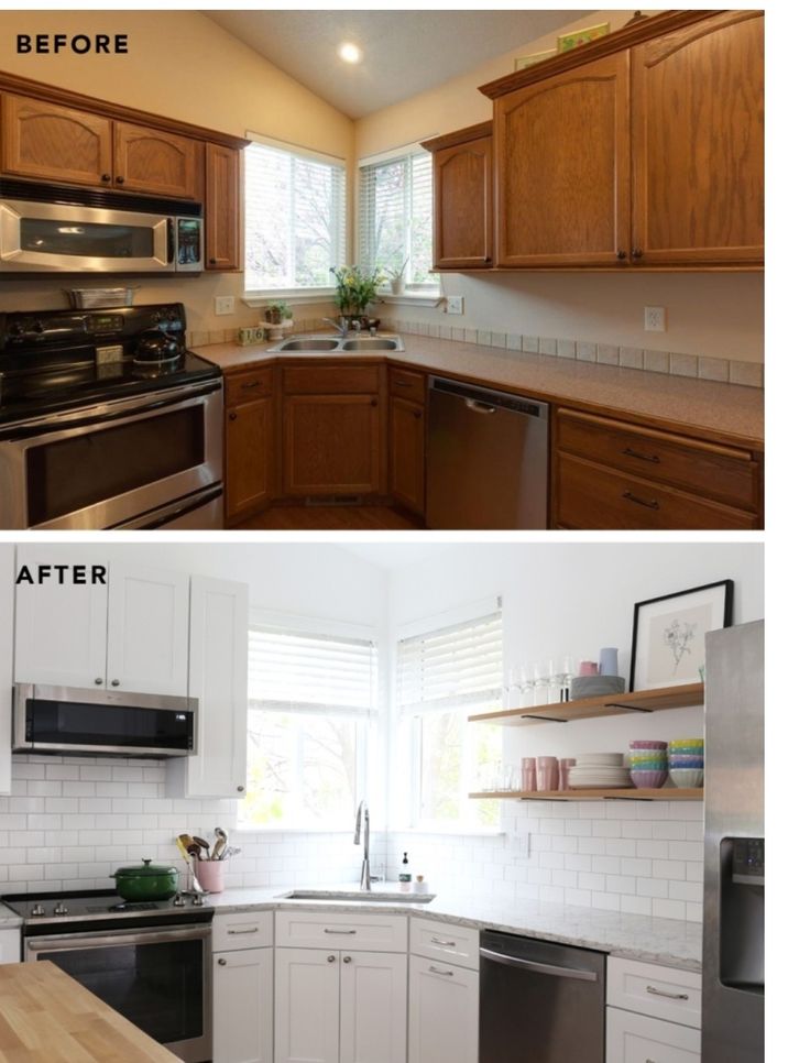 before and after pictures of a kitchen remodel with white cabinets, stainless steel appliances