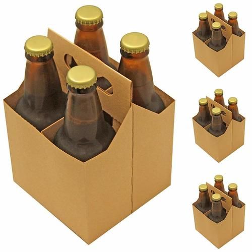 six brown beer bottles in a cardboard box