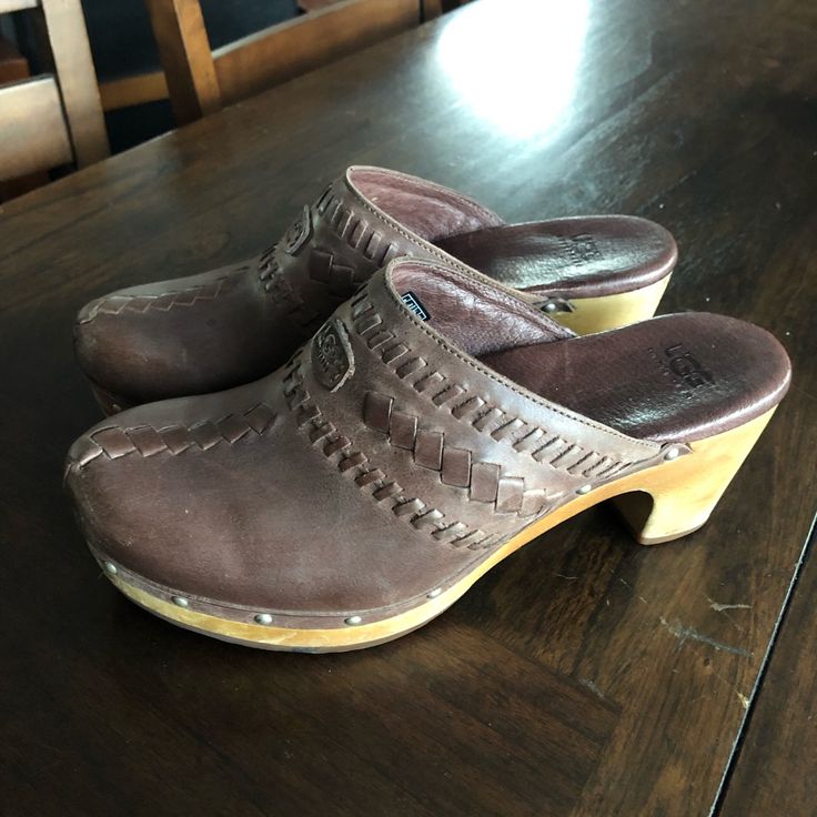 Beautiful Leather And Wooden Ugg Australia Clogs. Never Worn, Like New. Make Me An Offer! Brown Mules With Stacked Heel And Round Toe, Rustic Brown Closed Toe Mules, Casual Brown Clogs With Stacked Heel, Rustic Brown Mules With Round Toe, Casual Brown Clogs With Wooden Heel, Casual Mules With Wooden Heel, Casual Clogs With Wooden Heel, Rustic Brown Slip-on Clogs, Comfortable Brown Closed Toe Clogs