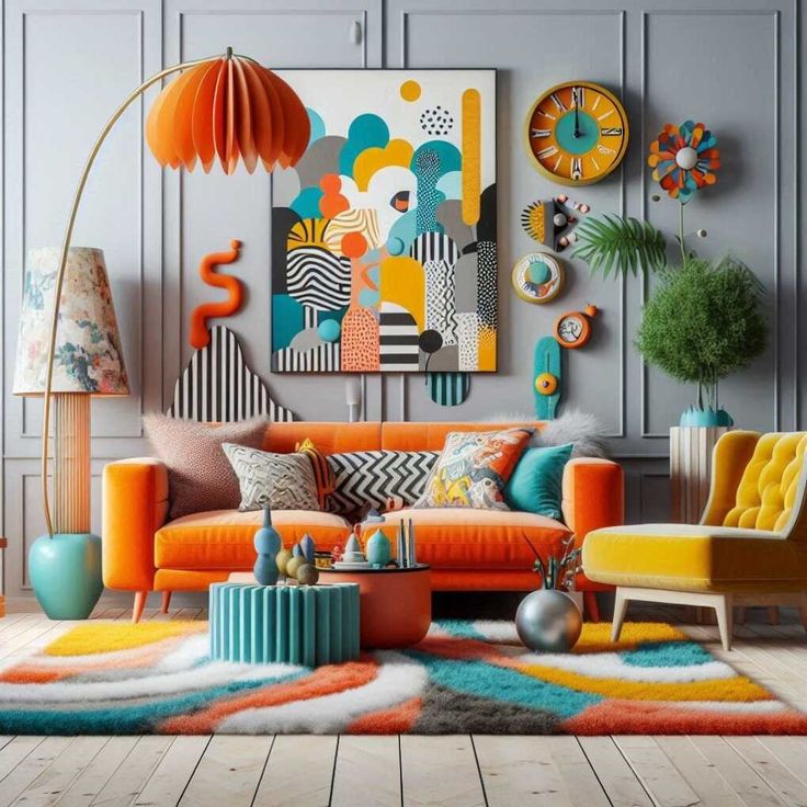 a living room filled with colorful furniture and art on the wall above it's couches