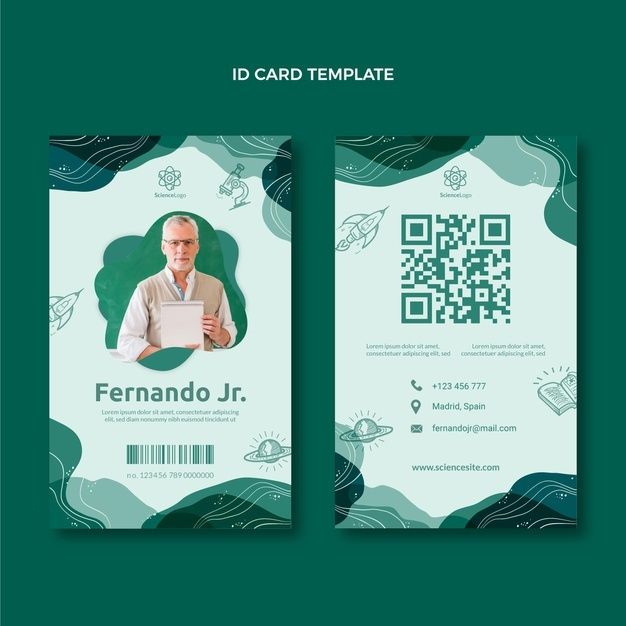 a green and white id card template with an image of a man holding a laptop