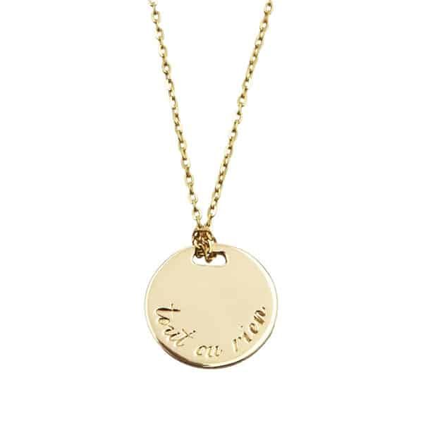 Vale Jewelry Tout ou Rien Necklace on Diamond Cut Cable Chain in 14 Karat Yellow Gold Close Up Vale Jewelry, Rolling Ring, French Script, Rosecut Diamond Ring, All Or Nothing, Disc Necklace, European Cut Diamonds, Domed Ring, Delicate Jewelry