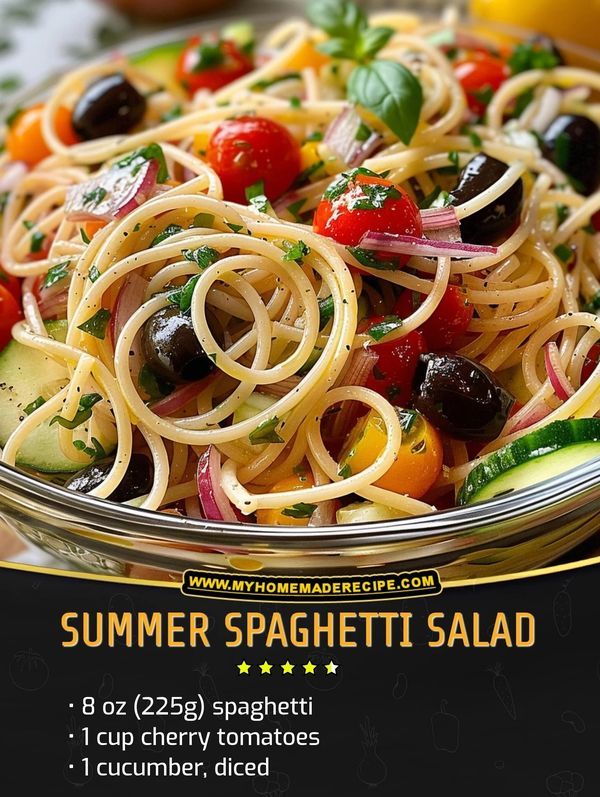 a bowl of spaghetti salad with olives, tomatoes and cucumber diced