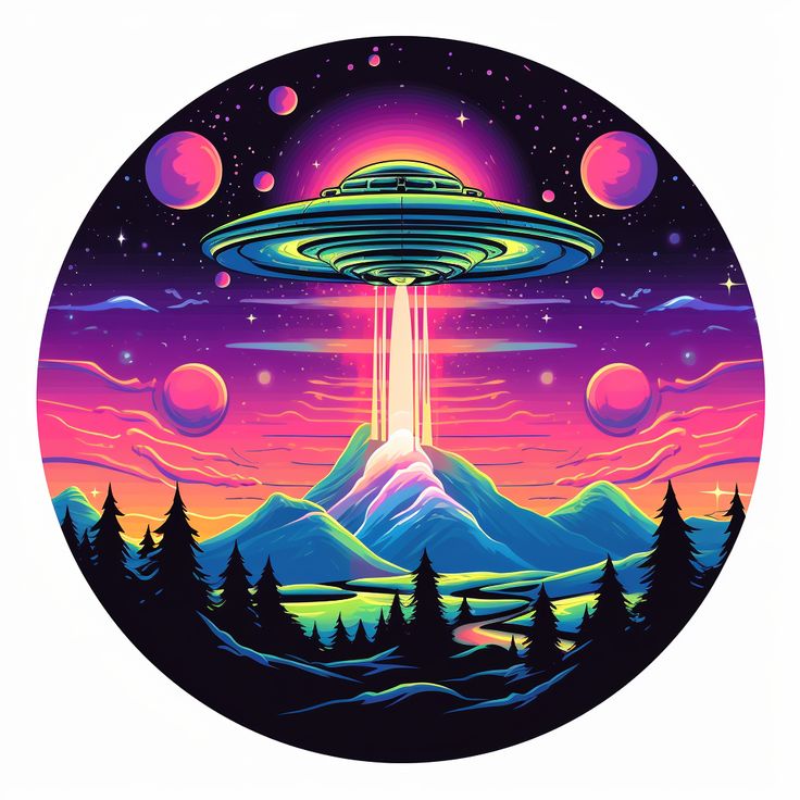 an alien spaceship flying through the night sky over mountains and trees in front of a mountain range