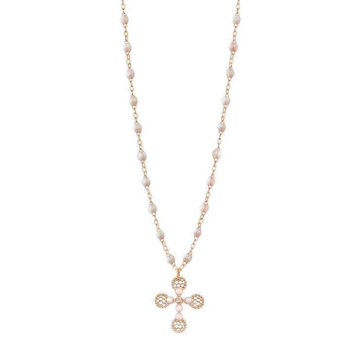 Gigi Clozeau - Lace Cross Diamond Necklace, Opal, Rose Gold, 16.5 Luxury Pearl Necklace With Delicate Chain, Luxury Pearl Pendant Chain Necklace, Fine Jewelry Rose Gold Necklace With Pearl Pendant, Luxury Pearl Necklace With Adjustable Chain, Rose Gold Pearl Pendant Necklace In Fine Jewelry, Rose Gold Pearl Pendant Necklace Fine Jewelry, Luxury Rose Gold Pearl Chain Jewelry, Rose Gold Pendant Necklace With Pearl Charm, Rose Gold Pearl Necklace With Pendant