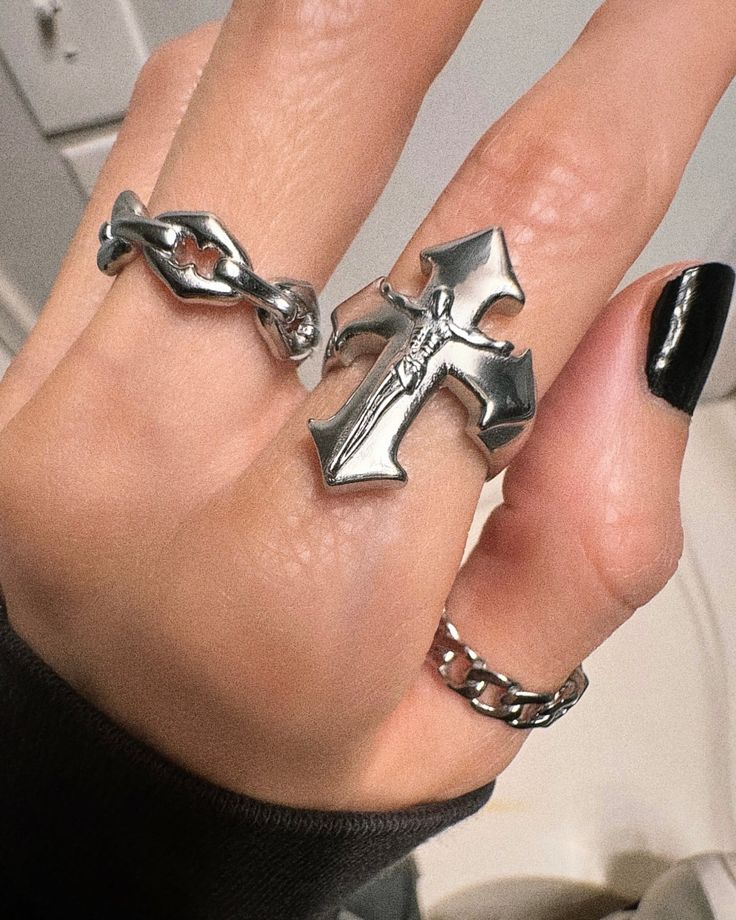 Goth Cross Crucifix Ring Solid stainless steel. Waterproof. NO green skin. NO rust/tarnish. Select size before checking out. Gothic Metal Ring For Streetwear, Gothic Metal Rings For Streetwear, Silver Punk Rings For Streetwear, Edgy Silver Rings For Streetwear, Goth Cross, Green Skin, Chain Ring, Rust, Shoe Accessories