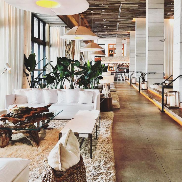 a living room filled with lots of white furniture and plants on the wall next to windows