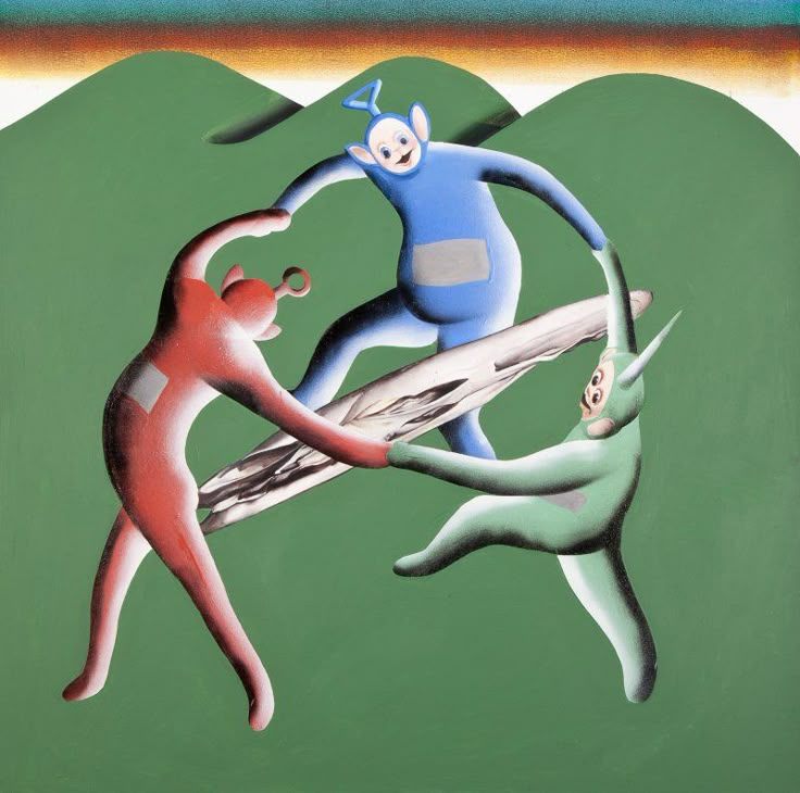 a painting depicting three people holding surfboards