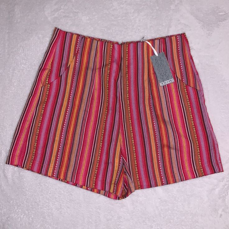 Kaisely Boho Shorts Beautiful Warm Colored Boho Style Stripes Medium-High Rise Waist Size S Red Bottoms With Built-in Shorts For Vacation, Red Bottoms With Pockets For Vacation, Red Vacation Bottoms With Pockets, Trendy Red Bottoms For Summer, Trendy Red Summer Shorts, Trendy Red Summer Bottoms, Vibrant High Waist Summer Bottoms, Vibrant High-waist Summer Bottoms, Vibrant Short Bottoms For Vacation