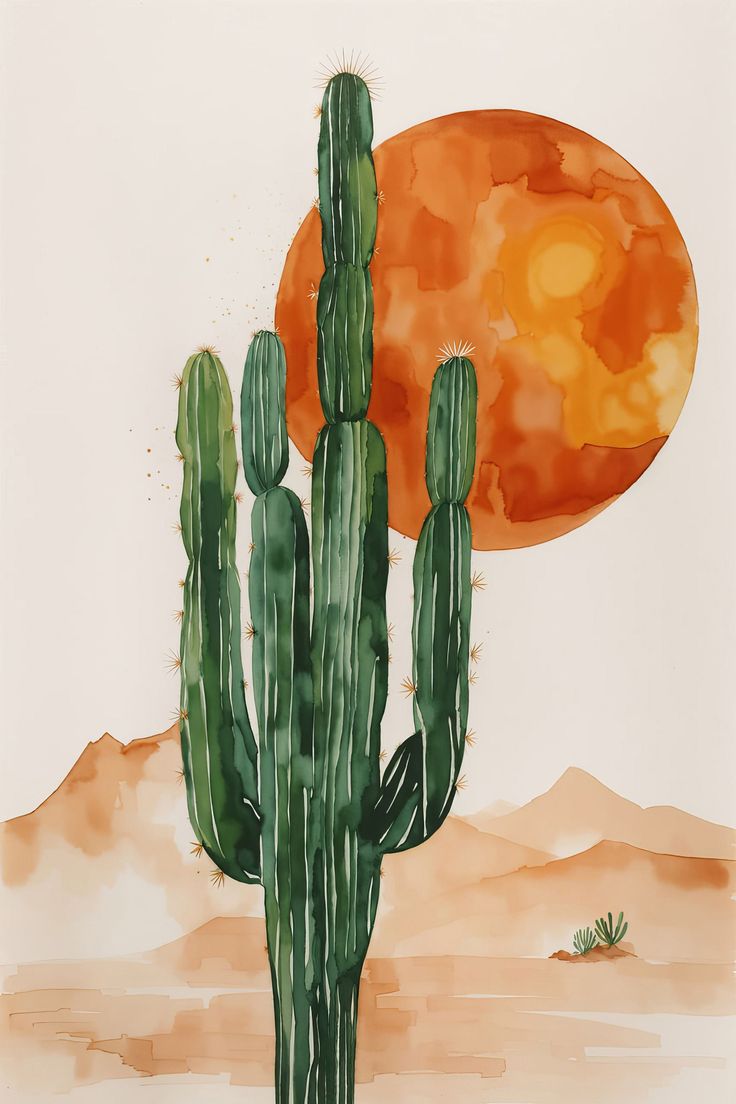 a painting of a cactus with the sun in the background