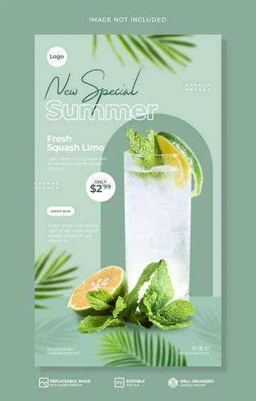 a poster for a summer cocktail party with lemons, mint leaves and lime slices