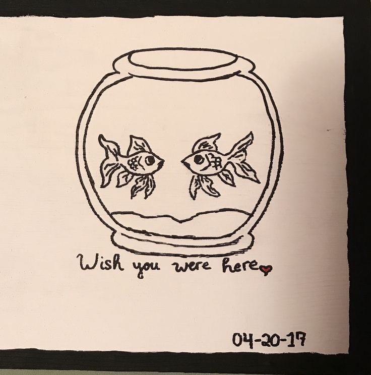 a drawing of two goldfish in a fish bowl with the words wish you were here