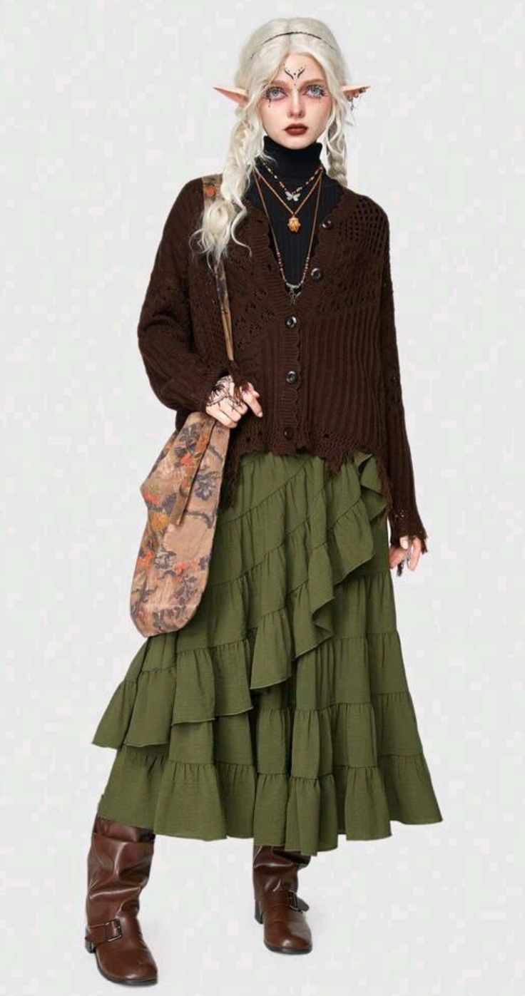 Green And Brown Clothes Aesthetic, Druidcore Fashion, Mother Earth Outfit, Fem Goblincore Outfits, Green Fairycore Outfit, Changelingcore Outfit, Casual Hobbit Outfit, Pastel Green Outfit Aesthetic, Woodland Goth Outfits